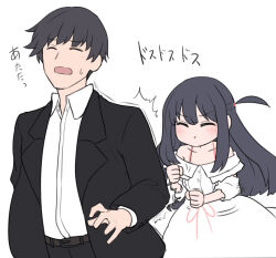 Rule 34 | 1boy, 1girl, :t, bare shoulders, black hair, black jacket, blush, clenched hands, closed eyes, closed mouth, collarbone, collared shirt, commentary request, cowboy shot, dress, facing viewer, flat color, hair between eyes, idoly pride, jacket, long hair, long sleeves, makino kouhei, nagase mana, off-shoulder dress, off shoulder, one side up, open mouth, partial commentary, pout, punching, rectangular mouth, shirt, short hair, sidelocks, simple background, straight hair, suit jacket, sumiyao (amam), sweatdrop, translated, v-shaped eyebrows, white background, white dress, white shirt