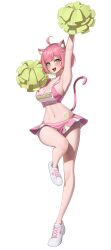Rule 34 | 1girl, :d, ahoge, animal ears, arm up, bare shoulders, blush, breasts, cat ears, cat tail, cheerleader, cleavage, commentary, full body, green eyes, hantata, highres, large breasts, looking at viewer, navel, open mouth, pink hair, pleated skirt, pom pom (cheerleading), remind, shoes, short hair, simple background, skirt, smile, sneakers, solo, sports bra, standing, standing on one leg, star sticker, sticker on stomach, stomach, tail, virtual youtuber, white background, white footwear