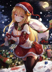 Rule 34 | 1girl, bare shoulders, black thighhighs, blonde hair, blurry, bokeh, box, breasts, christmas, cleavage, cloud, commentary, crop top, depth of field, fingerless gloves, frown, full moon, fur trim, gift, gift box, gloves, hat, highleg, highres, holding, holding sack, leg up, lkeris, long hair, long sleeves, looking at viewer, medium breasts, midriff, miniskirt, moon, night, off-shoulder shirt, off shoulder, original, outdoors, red eyes, red gloves, red hat, red shirt, red skirt, sack, santa costume, santa hat, scarf, shirt, shoes, skirt, snowing, solo, standing, standing on one leg, thighhighs, zettai ryouiki