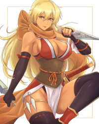 Rule 34 | 1girl, absurdres, alternate costume, bare shoulders, black gloves, black thighhighs, blonde hair, breasts, cleavage, commentary request, dagger, dark-skinned female, dark skin, dual wielding, elbow gloves, female focus, fire emblem, fire emblem: the binding blade, fire emblem heroes, gloves, hair between eyes, highres, holding, holding dagger, holding knife, holding weapon, igrene (fire emblem), igrene (ninja) (fire emblem), japanese clothes, katana, kimono, knife, knife belt, kunai, large breasts, long hair, looking at viewer, matching hair/eyes, mole, mole under eye, ninja, nintendo, official alternate costume, orange scarf, pelvic curtain, red kimono, reverse grip, scarf, sheath, sheathed, sleeveless, sleeveless kimono, smile, solo, sword, thigh strap, thighhighs, thighs, truejekart, very long hair, weapon, white background, yellow eyes