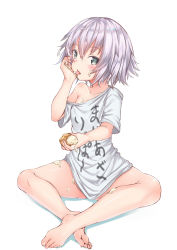 Rule 34 | 1girl, alternate costume, bare legs, bare shoulders, barefoot, blush, clothes between thighs, clothes writing, collarbone, commentary request, fate/apocrypha, fate (series), feet, food, food on body, food on face, food on legs, full body, green eyes, hair between eyes, highres, holding, holding food, indian style, jack the ripper (fate/apocrypha), legs, licking, looking at viewer, off shoulder, shirt, short hair, short sleeves, silver hair, simple background, sitting, solo, toes, tongue, tongue out, white background, white shirt, yukishiro arte