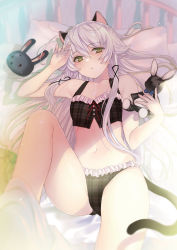 Rule 34 | altina orion, animal ears, arms up, bare legs, bare shoulders, bed, bow, breasts, bulge, buttons, cat ears, cat girl, cat tail, collarbone, eiyuu densetsu, eyebrows, eyelashes, falcom, frills, green eyes, grey hair, hair between eyes, hair ornament, highres, long hair, looking at viewer, lying, navel, official art, on bed, panties, pillow, plaid, stuffed toy, pussy bulge, rabbit, sen no kiseki, sen no kiseki iv, shiny skin, small breasts, stomach, stuffed animal, stuffed toy, sunlight, tail, teeth, thighs, underwear, x hair ornament