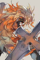 Rule 34 | 1boy, beard, blonde hair, clenched teeth, commentary, dual wielding, english commentary, facial hair, feet out of frame, grey background, grey pants, guilty gear, guilty gear xrd, highres, holding, jacket, leo whitefang, long hair, long sleeves, looking at viewer, looking back, male focus, min (minyinr), orange jacket, pants, solo, teeth, very long hair, weapon