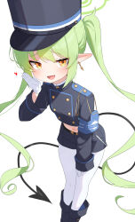 Rule 34 | 1girl, absurdres, armband, black hat, black jacket, black shorts, blue archive, blush, boots, breasts, buttons, cropped jacket, demon tail, double-breasted, earrings, gloves, green hair, halo, hat, highres, jacket, jewelry, long hair, long sleeves, looking at viewer, midriff, navel, nozomi (blue archive), open mouth, pantyhose, peaked cap, pointy ears, shorts, small breasts, smile, solo, tail, thighs, very long hair, w.k, white gloves, white pantyhose, yellow eyes