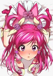 Rule 34 | 1girl, all fours, back bow, bed sheet, blush, boots, bow, cure dream, dot nose, earrings, fingerless gloves, flower, full body, gloves, hair flower, hair ornament, hair rings, highres, jewelry, knee boots, long hair, looking at viewer, magical girl, parted lips, pink flower, pink footwear, pink hair, pink rose, precure, pukara, purple eyes, rose, skirt, solo, white skirt, yes! precure 5, yes! precure 5 gogo!, yumehara nozomi
