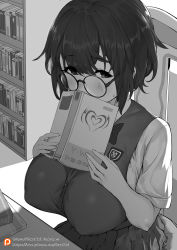 Rule 34 | 1girl, absurdres, blush, book, book stack, bookshelf, breasts, chair, covered erect nipples, covering own mouth, dawalixi, from above, glasses, greyscale, hair between eyes, highres, holding, holding book, huge breasts, library, looking to the side, monochrome, original, pleated skirt, school uniform, short hair, short sleeves, sitting, skirt, solo, sweatdrop, table, vest