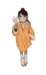 Rule 34 | 1girl, barefoot, black eyes, black hair, child, closed mouth, eyeshadow, full body, hand in pocket, hand up, highres, looking at viewer, makeup, mossacannibalis, orange shirt, original, oversized clothes, oversized shirt, ponytail, shirt, simple background, smile, solo, waving, white background