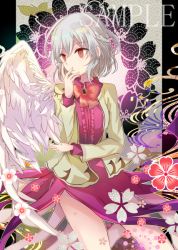 Rule 34 | 1girl, bow, bowtie, commentary request, cowboy shot, dress, flower, jacket, kazu (muchuukai), kishin sagume, long sleeves, looking away, open clothes, open jacket, purple dress, red bow, red bowtie, red eyes, red flower, sample watermark, short hair, silver hair, single wing, solo, standing, thighs, touhou, watermark, white flower, white wings, wings