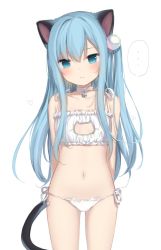 Rule 34 | ..., 1girl, amashiro natsuki, animal ears, bad id, bad twitter id, bare arms, bare shoulders, bell, blue eyes, blue hair, blush, bra, cat cutout, cat ear panties, cat ears, cat girl, cat lingerie, cat tail, choker, cleavage cutout, clothing cutout, collarbone, commentary, hair between eyes, hair ornament, highres, jingle bell, long hair, meme attire, navel, neck bell, nekoha shizuku, one side up, original, panties, side-tie panties, simple background, solo, spoken ellipsis, tail, underwear, very long hair, white background, white bra, white choker, white panties