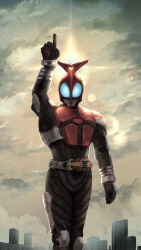 Rule 34 | 1boy, arm up, armor, blue eyes, blurry, bokeh, breastplate, building, cloud, cloudy sky, compound eyes, depth of field, facing viewer, feet out of frame, glowing, glowing eyes, highres, horns, kabuto zecter, kamen rider, kamen rider kabuto, kamen rider kabuto (series), knee pads, light rays, male focus, mask, outdoors, pointing, pointing up, red armor, red horns, rider belt, shoulder armor, sky, solo, standing, sun, sunbeam, sunlight, tokusatsu, tsubasansan, upper body