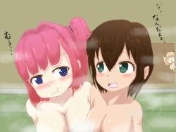 Rule 34 | 10s, 3girls, :t, blonde hair, blue eyes, blush, bow, breasts, brown hair, green eyes, hair bow, iijima yun, large breasts, mochizuki momiji, multiple girls, new game!, nude, open mouth, out-of-frame censoring, red hair, shinoda hajime, short hair, steam, translation request, twintails, wkenchanw