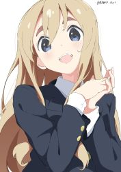Rule 34 | 1girl, absurdres, black jacket, blonde hair, blue eyes, collared shirt, commentary, eyebrows hidden by hair, hair between eyes, highres, jacket, k-on!, kotobuki tsumugi, long hair, long sleeves, looking at viewer, open mouth, own hands together, sakuragaoka high school uniform, school uniform, shirt, simple background, smile, solo, teeth, thick eyebrows, twitter username, upper body, upper teeth only, white background, white gorilla (okamoto), white shirt