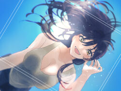 Rule 34 | 1girl, backlighting, black hair, blush, breasts, brown camisole, camisole, cleavage, collarbone, floating hair, hair between eyes, highres, idolmaster, idolmaster shiny colors, large breasts, looking at viewer, paddy field, shirase sakuya, smile, solo, yellow eyes