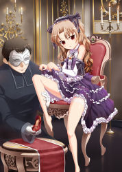 Rule 34 | 19 (kaitou19), 1boy, 1girl, absurdres, bare legs, bare shoulders, barefoot, blush, bow, brown eyes, brown hair, chair, clothes lift, detached sleeves, dress, dress lift, feet, flat chest, frills, headdress, high heels, highres, kneeling, lolita fashion, long hair, looking at viewer, mask, original, shoes, sitting, stool, wavy hair