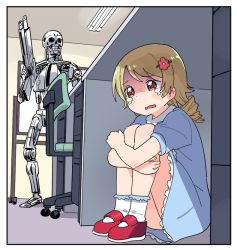 Rule 34 | 1girl, anime girl hiding from a terminator (meme), assault rifle, blonde hair, blue dress, blush, blush stickers, bobby socks, border, bullpup, ceiling, ceiling light, chair, child, collar, commentary, crossover, crying, cyborg, desk, directed-energy weapon, dot nose, dress, drill hair, endo battle rifle, energy gun, energy weapon, flower, fluorescent lamp, frilled dress, frilled legwear, frills, gun, hair flower, hair ornament, hairclip, hiding, holding, holding weapon, hugging own legs, idolmaster, idolmaster cinderella girls, indoors, knees up, m95 phased plasma rifle, mary janes, medium dress, meme, morikubo nono, office, office chair, on floor, open mouth, orange eyes, parody, phased plasma rifle, plasma gun, plasma rifle, puffy sleeves, red footwear, rifle, ringlets, robot, scared, science fiction, shaded face, shoes, short sleeves, sitting, skeleton, socks, solo focus, standing, swivel chair, t-800, tearing up, tears, terminator (series), the terminator, tonmoh, under table, wavy mouth, weapon, westinghouse automated manufactory, westinghouse m95 phased plasma rifle, white border, white collar, white legwear, white socks, whiteboard