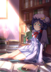 Rule 34 | 1girl, absurdres, blush, book, book stack, bookshelf, bow, capelet, cosplay, crescent, dress, gogatsu fukuin, green eyes, hair bow, hair ribbon, hat, highres, holding, holding book, indoors, lens flare, light particles, light rays, long hair, long sleeves, looking at viewer, love live!, love live! school idol project, mob cap, on floor, open book, open clothes, open robe, parted bangs, patchouli knowledge, patchouli knowledge (cosplay), purple hair, ribbon, robe, short dress, sitting, smile, solo, striped clothes, striped dress, sunbeam, sunlight, touhou, tojo nozomi, tress ribbon, vertical-striped clothes, vertical-striped dress, very long hair, window, wing collar