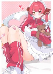 Rule 34 | 1girl, apron, bandaid, bandaid on knee, bandaid on leg, bed, bed sheet, blush, border, breasts, crossed legs, eyelashes, foreshortening, frilled apron, frilled hairband, frills, full body, hair intakes, hair ornament, hair ribbon, hairband, hand up, heart, heterochromia, highres, holding, hololive, houshou marine, indoors, jacket, jersey maid, knees up, large breasts, leg warmers, legs together, long sleeves, looking at viewer, maid, maid apron, maid headdress, name tag, orange eyes, pink background, red hair, red jacket, red ribbon, ribbon, shiny skin, shoes, sidelocks, sitting, sleeves past fingers, sleeves past wrists, sneakers, solo, stuffed animal, stuffed toy, teddy bear, thighs, track jacket, translated, twintails, unconventional maid, ute (perouthi), virtual youtuber, white border, white footwear, white hairband, yellow eyes