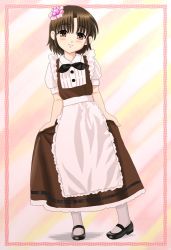 Rule 34 | 1boy, apron, black footwear, blush, brown eyes, brown hair, chunpai, clothes lift, cosplay, crossdressing, dress, dress lift, little busters!, looking at viewer, maid, male focus, mary janes, naoe riki, pantyhose, puffy short sleeves, puffy sleeves, shoes, short hair, short sleeves, simple background, smile, solo, standing, trap, white apron, white pantyhose
