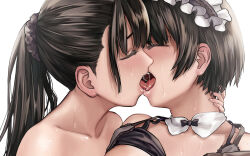 Rule 34 | 2girls, black bra, black hair, blush, bra, bra lift, closed eyes, commentary request, detached collar, french kiss, hand on another&#039;s neck, highres, kiss, long hair, maid headdress, multiple girls, open mouth, original, ponytail, saliva, simple background, sweat, takekawa shin, tongue, tongue out, underwear, upper body, white background, yuri