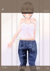 Rule 34 | 1girl, absurdres, bar censor, blue pants, blush, breasts, censored, collarbone, denim, door, heart, highres, identity censor, jeans, looking at viewer, navel, nipples, panties, pants, peeing, peeing self, pink panties, see-through, see-through shirt, shirt, short hair, silver hair, small breasts, smile, speech bubble, standing, sweat, tank top, ugonoakita, underwear, wall, wet, wet clothes, wet pants, wet shirt, white shirt
