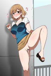 Rule 34 | 1girl, blue eyes, blush, bottomless, breasts, censored, cum, cum in pussy, day, large breasts, leg up, light brown hair, looking at viewer, medium hair, miyamori aoi, outdoors, pussy, rooftop, shirobako, smile, solo, standing, standing on one leg