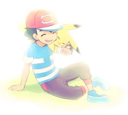 Rule 34 | 1boy, :d, ame (ame025), arm support, ash ketchum, baseball cap, blue footwear, blue shirt, blurry, bracelet, brown pants, closed eyes, commentary request, creatures (company), game freak, gen 1 pokemon, green hair, hat, jewelry, male focus, nintendo, on shoulder, open mouth, pants, pikachu, pokemon, pokemon (anime), pokemon (creature), pokemon on shoulder, pokemon sm (anime), red headwear, shirt, shoes, short hair, short sleeves, sitting, smile, striped clothes, striped shirt, tongue, z-ring, |d