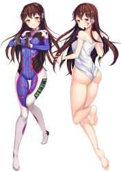 Rule 34 | 1girl, acronym, animal print, armor, ass, bare shoulders, barefoot, blush, bodysuit, boots, bracer, breasts, brown eyes, brown hair, covered erect nipples, covered navel, d.va (overwatch), facepaint, facial mark, full body, gloves, hands up, headphones, headset, heart, heart hands, leg up, lips, long hair, long sleeves, looking at viewer, medium breasts, multiple views, o-yatsu, off shoulder, overwatch, overwatch 1, pauldrons, pilot suit, pink lips, rabbit print, ribbed bodysuit, shirt, shoulder armor, shoulder pads, simple background, skin tight, sleeveless, sleeveless shirt, smile, soles, teeth, thigh boots, thigh gap, thigh strap, thighhighs, toes, turtleneck, whisker markings, white background, white footwear, white gloves, white thighhighs