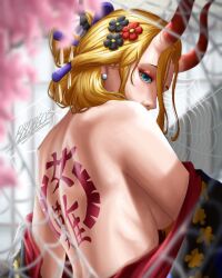 Rule 34 | 1girl, artist name, back tattoo, bbdbg03, black flower, black maria (one piece), blonde hair, blue eyes, breasts, earrings, flower, hair flower, hair ornament, highres, horns, japanese clothes, jewelry, large breasts, looking at viewer, one piece, red flower, silk, solo, spider web, tattoo, undressing, upper body