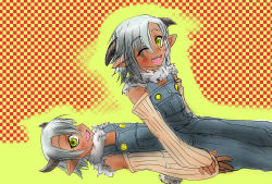 Rule 34 | 10s, 2girls, ;d, checkered background, cott, dark-skinned female, dark skin, detached sleeves, flat chest, goat girl, goat horns, goat tail, horns, lying, monster girl, monster musume no iru nichijou, multiple girls, one eye closed, open mouth, overalls, pointy ears, siblings, silver hair, sisters, sitting, sketch, smile, surappi, tail, tawn, twins, yellow eyes