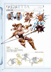 Rule 34 | 1girl, breasts, brown hair, character name, chibi, chibi inset, daetta (granblue fantasy), draph, floating hair, full body, gloves, granblue fantasy, highres, holding, holding weapon, lineart, long hair, minaba hideo, multiple views, non-web source, official art, outstretched arm, page number, scan, simple background, translation request, weapon