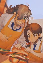 Rule 34 | 1boy, 1girl, absurdres, ahoge, apron, arven (pokemon), braid, bread, brown eyes, brown hair, closed mouth, collared shirt, commentary request, concentrating, creatures (company), eyelashes, food, game freak, green eyes, hair over one eye, highres, holding, holding food, holding skewer, juliana (pokemon), long hair, looking down, necktie, nintendo, pokemon, pokemon sv, sandwich, shirt, skewer, sweat, table, thxzmgn, white shirt