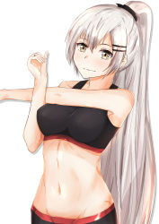 Rule 34 | 1girl, absurdres, black sports bra, breasts, girls&#039; frontline, grey eyes, grey hair, hair ornament, hair ribbon, hairclip, hand up, highres, jewelry, long hair, looking at viewer, medium breasts, muteppona hito, navel, ponytail, ribbon, ring, smile, solo, sports bra, sportswear, stomach, svd (girls&#039; frontline), very long hair, white background