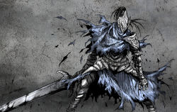 Rule 34 | 1boy, armor, artorias the abysswalker, breastplate, cape, commentary request, dark souls (series), dark souls i, facing viewer, feet out of frame, full armor, gauntlets, grey background, helmet, highres, holding, holding sword, holding weapon, knight, legs apart, male focus, pauldrons, plume, shimoda masaya, shoulder armor, solo, standing, sword, torn cape, torn clothes, weapon