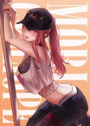 Rule 34 | 1girl, armpits, baseball cap, bikini, black hat, black pants, blush, breasts, character name, commentary, cosplay, crop top, crop top overhang, crown, english commentary, from side, hair behind ear, hat, highres, holding, holding staff, hololive, hololive english, hyde (tabakko), jewelry, large breasts, long hair, mori calliope, mori calliope (streetwear), nail polish, necklace, official alternate costume, pants, parted lips, pink hair, ponytail, shirt, solo, staff, sweatpants, swimsuit, virtual youtuber, white shirt