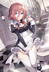 Rule 34 | 1girl, alternate costume, apron, black dress, black footwear, blue eyes, blush, breasts, brown hair, closed mouth, commentary request, dress, enmaided, frilled apron, frilled dress, frills, gabiran, go-toubun no hanayome, hand up, headphones, headphones around neck, highres, indoors, juliet sleeves, long hair, long sleeves, looking at viewer, maid, medium breasts, nakano miku, puffy sleeves, railing, shoes, solo, stairs, standing, standing on one leg, thighhighs, white apron, white thighhighs