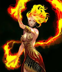 Rule 34 | 1girl, artist request, bare shoulders, black background, blonde hair, breasts, chaos online, earrings, fire, jewelry, kali (chaos online), large breasts, long hair, looking at viewer, official art, solo, yellow eyes