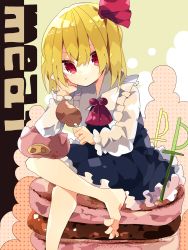 Rule 34 | 1girl, text background, barefoot, black skirt, blonde hair, boned meat, collar, collared shirt, commentary request, english text, eyelashes, food, foot out of frame, frilled collar, frilled skirt, frills, hair ribbon, ham, hamburger steak, head rest, highres, holding, holding food, long sleeves, looking at viewer, meat, nikorashi-ka, oversized object, pig head, rapier, red eyes, red neckwear, red ribbon, ribbon, rumia, shirt, short hair, sitting, skirt, skirt set, solo, sword, touhou, weapon