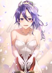 Rule 34 | bare shoulders, breasts, cleavage, dress, fir (fire emblem), fire emblem, fire emblem: the binding blade, highres, jewelry, medium hair, necklace, nintendo, pearl necklace, ponytail, purple eyes, purple hair, small breasts, smile, voyager bihai, wedding dress