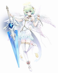 Rule 34 | 1girl, angel, artist request, dress, female focus, full body, gradient background, gradient hair, green hair, halo, highres, multicolored hair, rengoku no crusade, smile, solo, sword, thighhighs, weapon, white background, wings