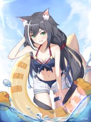 Rule 34 | 1girl, animal ear fluff, animal ears, bad id, bad pixiv id, bare shoulders, bikini, black bikini, black hair, blue sky, blush, breasts, cat ears, cat girl, cat tail, collarbone, green eyes, hair between eyes, haruuuon, highres, innertube, innertube with ears, karyl (princess connect!), karyl (summer) (princess connect!), leaning forward, lens flare, long hair, looking at viewer, low twintails, medium breasts, multicolored hair, navel, ocean, open mouth, princess connect!, rubber duck, shorts, sky, solo, streaked hair, sunlight, swim ring, swimsuit, tail, thighs, twintails, wading, water, wet, white hair, white shorts