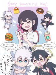 Rule 34 | &gt; &lt;, 1girl, 2boys, absurdres, angel and devil, black eyes, black hair, black wings, blue eyes, blush, burger, cellphone, cheng xiaoshi, chibi, closed eyes, closed mouth, commentary, cup, doughnut, dragon wings, earrings, fang, feathered wings, food, halo, highres, holding, holding phone, horns, jewelry, komojigzag, lu guang, medium hair, multiple boys, official alternate costume, open mouth, phone, pointing, pudding, qiao ling, shiguang dailiren, short hair, short sleeves, smartphone, speech bubble, starbucks, translation request, white background, white hair, white horns, wings, yellow eyes