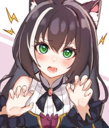 Rule 34 | 1girl, absurdres, animal ear fluff, animal ears, bare shoulders, blush, brown hair, cat ears, claw pose, commentary request, fang, fingernails, green eyes, hair between eyes, hands up, hasu (velicia), highres, karyl (princess connect!), lightning bolt symbol, long hair, looking at viewer, multicolored hair, open mouth, pink background, princess connect!, shirt, sketch, sleeveless, sleeveless shirt, solo, streaked hair, two-tone background, v-shaped eyebrows, white background, white hair, white shirt