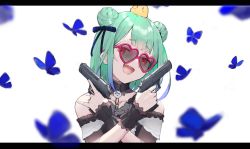 Rule 34 | 1girl, absurdres, bad id, bad pixiv id, bare shoulders, bird, black choker, blue hair, bow, brooch, bug, butterfly, chick, choker, collarbone, double bun, dress, fang, frilled straps, gradient hair, green hair, gun, hair bun, hair ornament, hair ribbon, handgun, haru on, heart, heart-shaped eyewear, highres, hololive, insect, jewelry, lace, lace choker, letterboxed, looking at viewer, multicolored hair, off-shoulder dress, off shoulder, open mouth, piyoko (uruha rushia), red eyes, ribbon, see-through, see-through sleeves, short hair, short sleeves, sidelocks, skull hair ornament, smile, solo, uruha rushia, virtual youtuber, weapon, white background, wristband