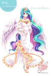 Rule 34 | 1girl, bridal gauntlets, celestia (my little pony), character name, crown, dress, feathered wings, full body, full moon, green hair, high heels, horns, jewelry, long hair, long sleeves, moon, multicolored hair, my little pony, my little pony: friendship is magic, personification, purple eyes, sakurano ru, shoes, single horn, smile, solo, standing, very long hair, white background, white dress, white wings, wings