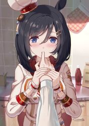 Rule 34 | 1girl, 1other, absurdres, alternate costume, animal ears, black hair, blue eyes, blurry, blurry background, blush, commentary request, eishin flash (collect chocolatier) (umamusume), eishin flash (umamusume), finger to another&#039;s mouth, hair between eyes, hair ornament, hairclip, hat, highres, holding hands, horse ears, horse girl, kitchen, looking at viewer, mittens, pov, pov hands, solo focus, sweat, taki rentaro, umamusume