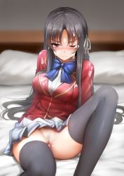 Rule 34 | 1girl, aftersex, bed, black hair, black thighhighs, blue bow, blue bowtie, blurry, blurry background, blush, bow, bow panties, bowtie, breasts, censored, cum, cum in pussy, cum on clothes, female pubic hair, frown, ginhaha, glaring, hair ribbon, horikita suzune, long hair, looking at viewer, mosaic censoring, no panties, one eye closed, panties, pillow, pubic hair, purple eyes, pussy, ribbon, school uniform, sitting, skirt, solo, thighhighs, underwear, very long hair, white panties, youkoso jitsuryoku shijou shugi no kyoushitsu e