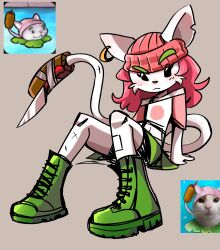Rule 34 | 1girl, :&lt;, absurdres, animal ears, beanie, black shorts, boots, cat ears, cat tail, cattail (plants vs zombies), commentary, english commentary, green footwear, green skirt, grey background, hat, highres, inset, knife, looking at viewer, off-shoulder shirt, off shoulder, peargor, personification, pink hat, pink shirt, plants vs zombies, raglan sleeves, raised eyebrow, reclining, reference inset, shirt, shorts, shorts under skirt, simple background, sitting, skirt, solo, tail, white shirt