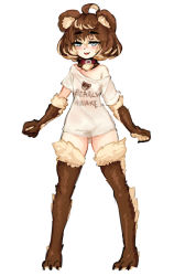 Rule 34 | 1girl, :3, ahoge, alternate breast size, animal ears, animal feet, animal hands, barb-tan, barbariank, bear ears, bear girl, blonde hair, blush, breasts, brown fur, brown hair, clothes writing, collar, commentary, english commentary, english text, full body, gluteal fold, hair between eyes, legs apart, multicolored hair, off shoulder, original, pun, shirt, short hair, short sleeves, simple background, single bare shoulder, small breasts, smile, solo, standing, t-shirt, two-tone fur, two-tone hair, white background, white fur, white shirt