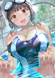 Rule 34 | 1girl, :d, absurdres, black hair, blush, breasts, brown eyes, cleavage, collarbone, commentary request, competition swimsuit, embarrassed, fingernails, goggles, goggles on head, highres, indoors, large breasts, mole, mole under eye, ogata tei, one-piece swimsuit, open mouth, original, partially submerged, pool, pov, revision, skin tight, smile, swimsuit, upper body, water