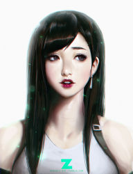 Rule 34 | 1990s (style), 1girl, black hair, blouse, earrings, final fantasy, final fantasy vii, highres, jewelry, lipstick, looking to the side, makeup, open mouth, portrait, retro artstyle, shirt, sleeveless, solo, suspenders, tank top, teeth, tifa lockhart, upper body, white shirt, zeronis